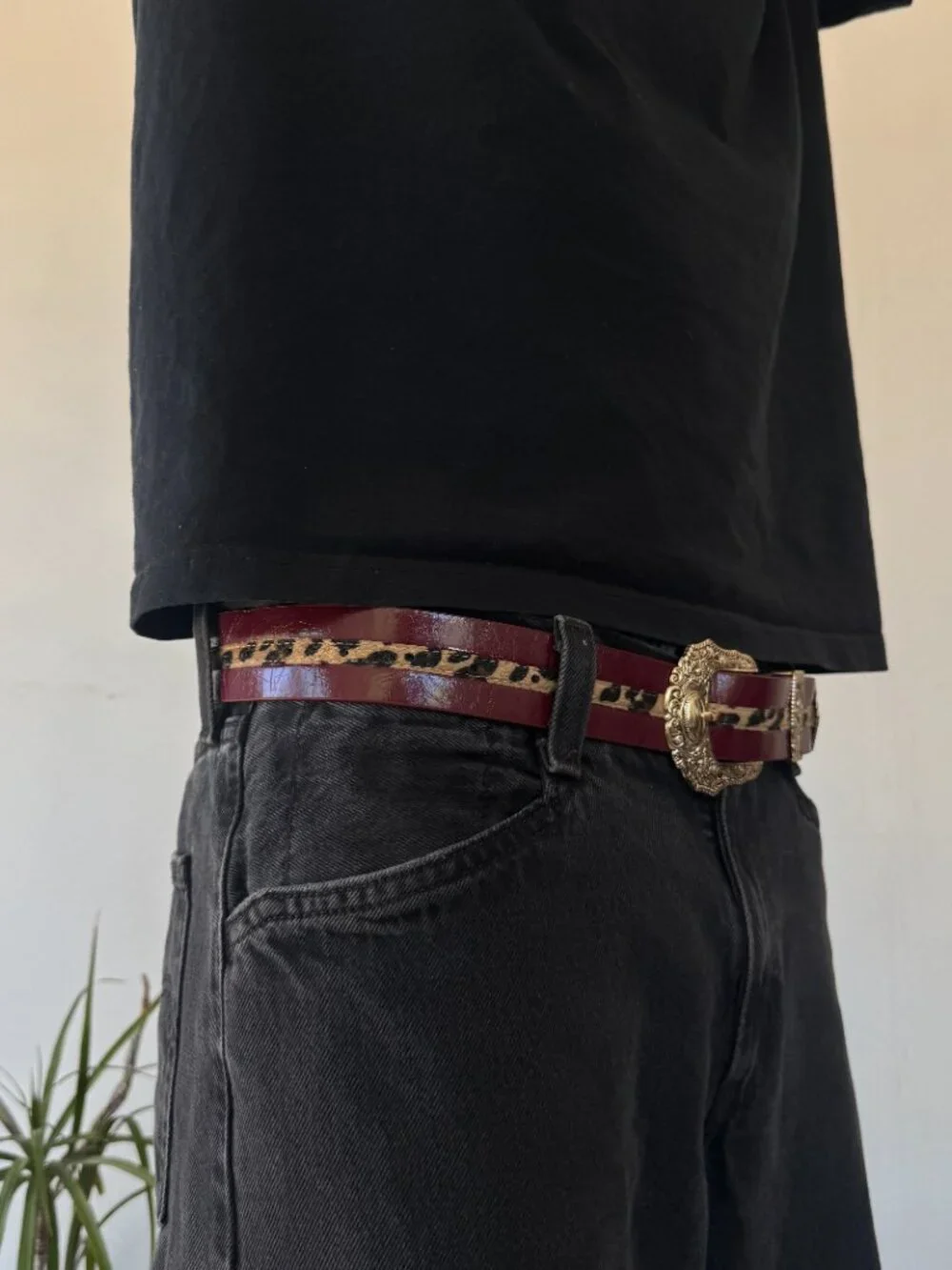 Deep Burgundy Leopard Inlay Ornate Western Belt